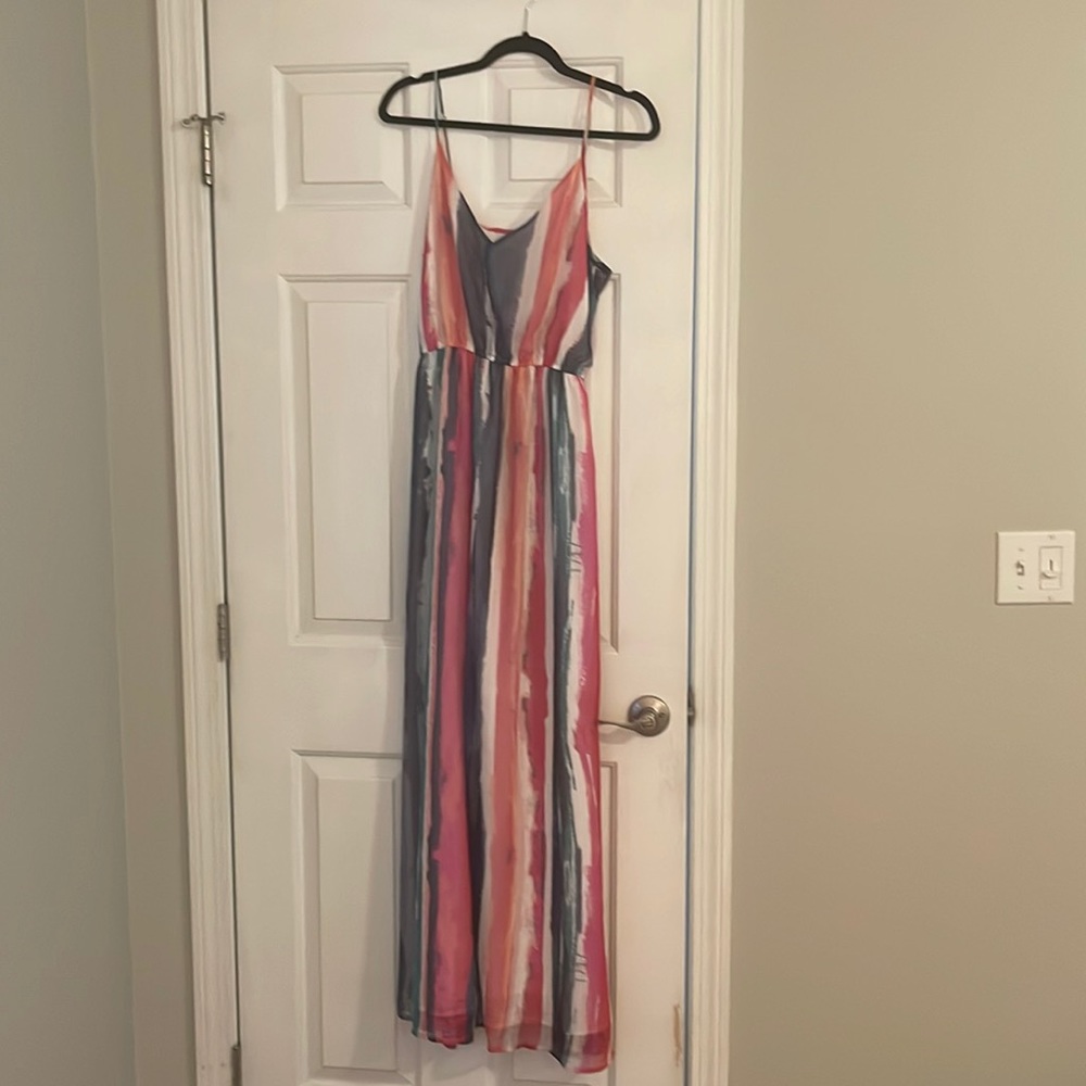 Jack by BB Dakota maxi dress. Pink, green, white and blue tones.